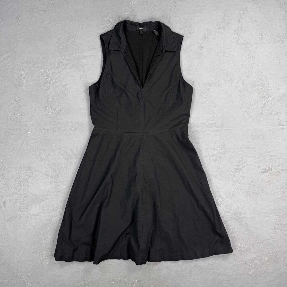 Theory Collared Flare Dress in Black Cotton Poplin Women's 8